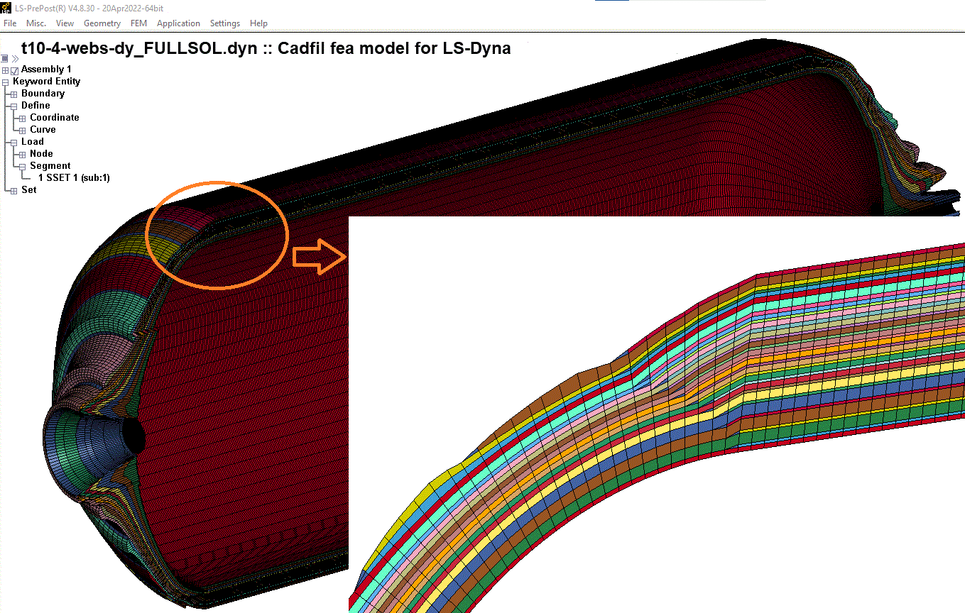 Cadfil Thick Full 3D Solid FEA Model, sectioned in LS-PrePrep