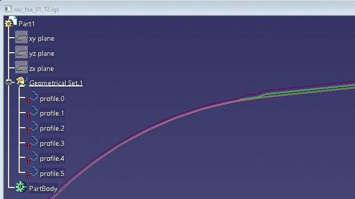 Thickness profile curves exported for CAdfil is IGES, shown imported into Catia
